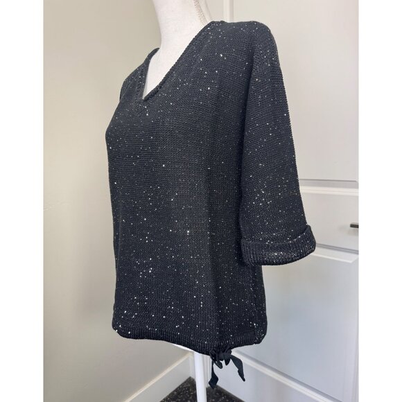 DKNY Jeans Womens XL Sequin V-Neck Sweater Black Light Soft Comfortable - Picture 3 of 14